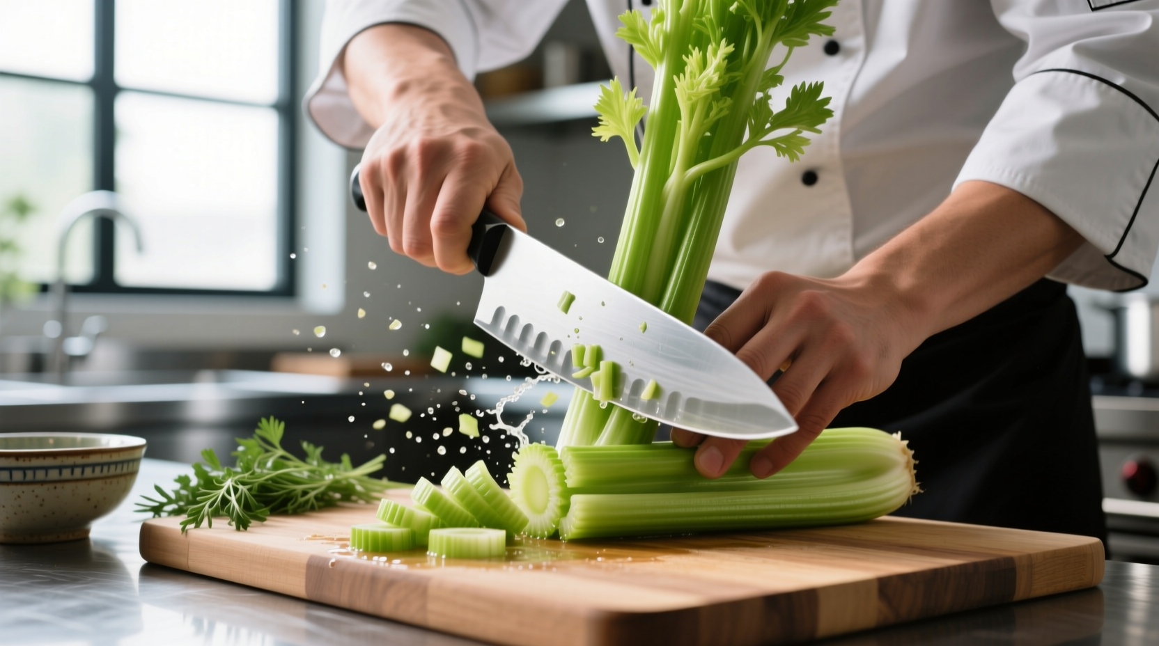 chop celery like a chef from the bottom instead of pul