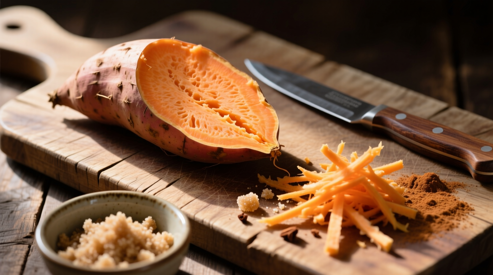 Sweet potato meal prep on wooden cutting board showing chopped ingredients