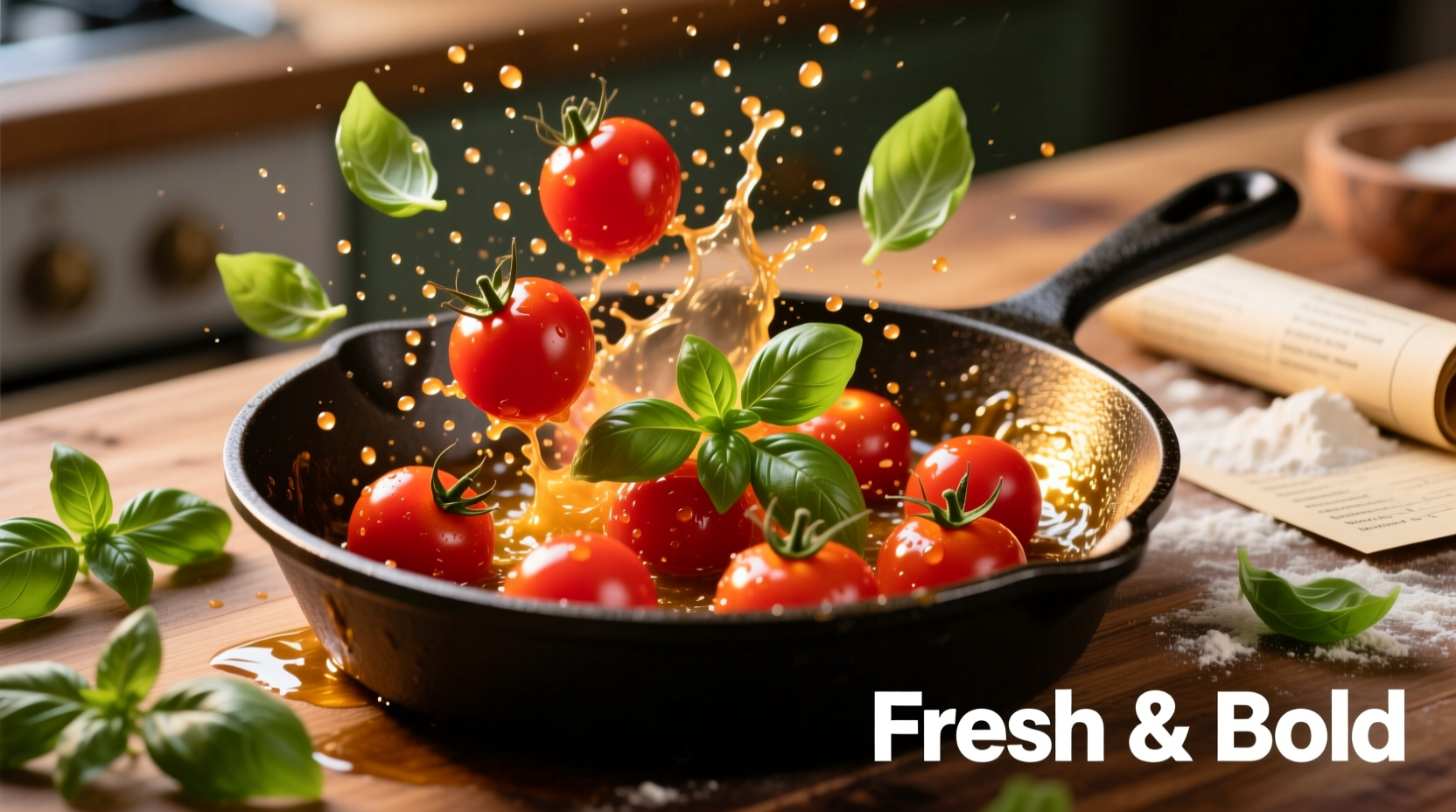 Cherry tomatoes bursting in skillet with fresh basil