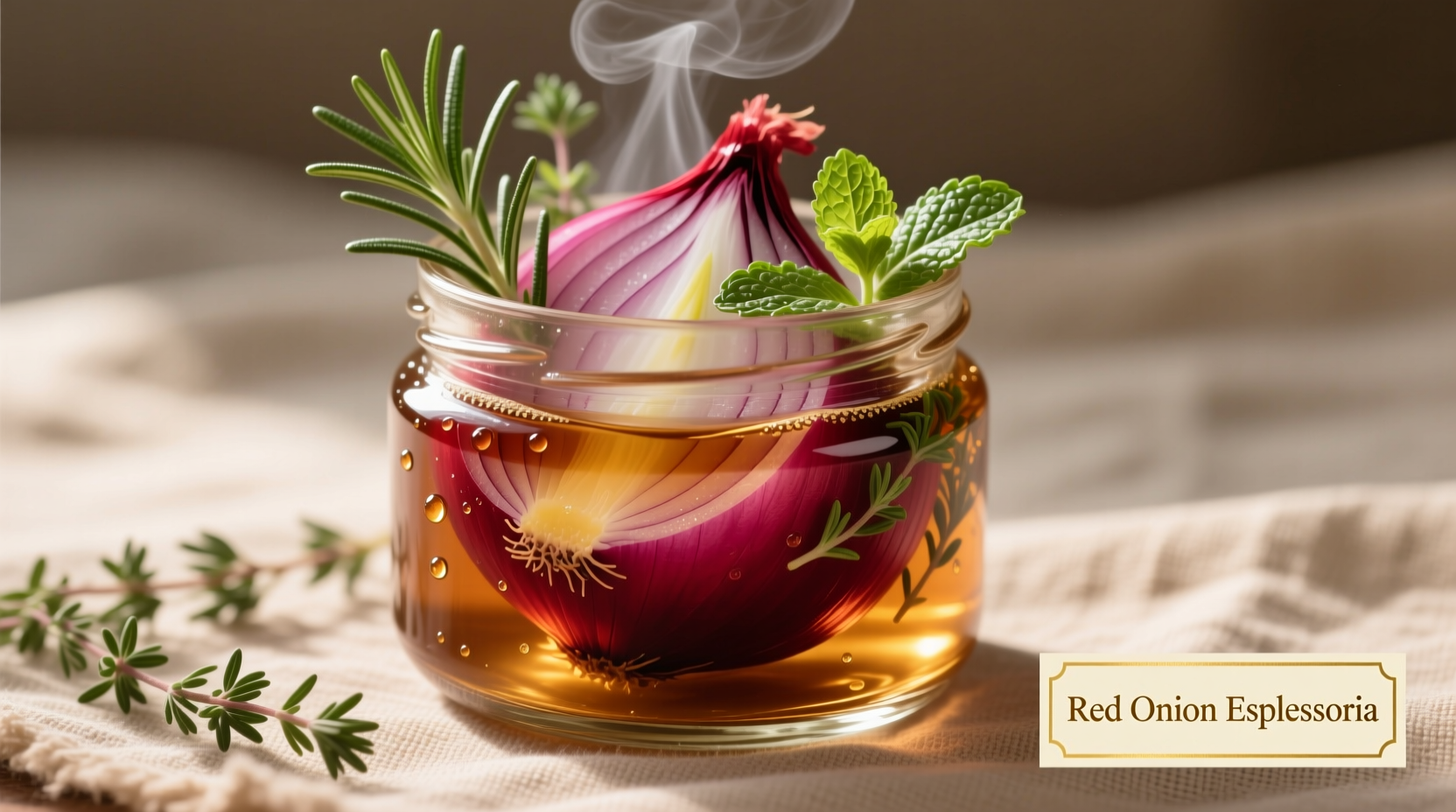 Vibrant red onion espressoria in glass jar with herbs
