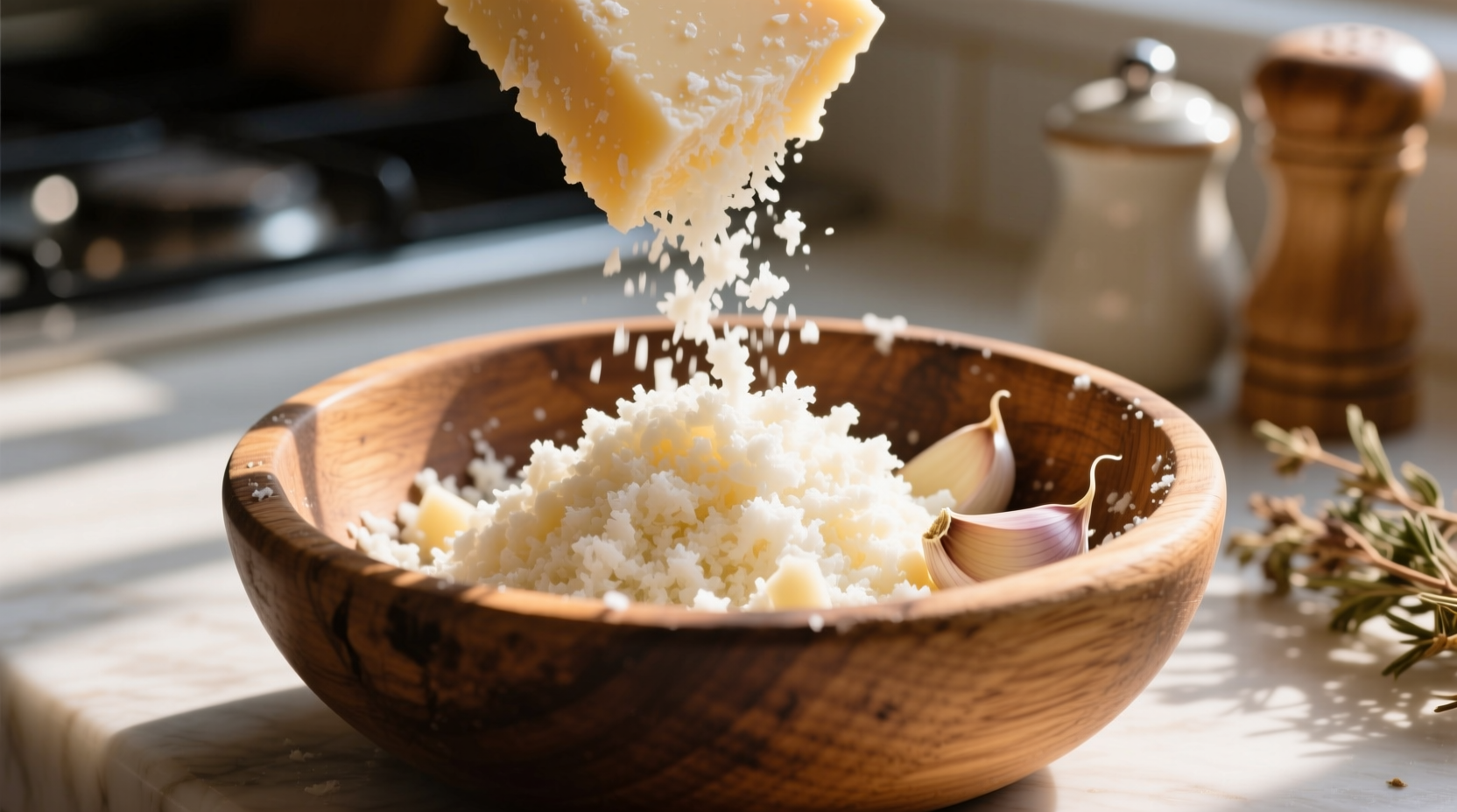 Freshly grated parmesan and minced garlic in a wooden bowl