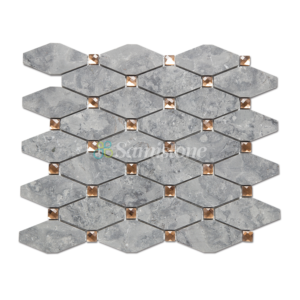 Samistone Babylon Grey Diamond Mirror Glass Long Octagon Marble Mosaic Tiles