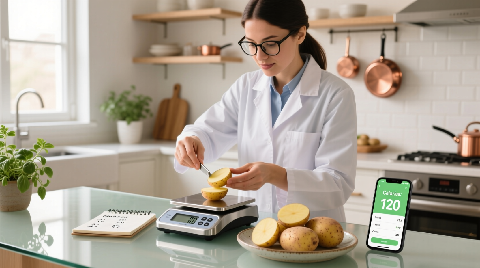Nutritionist measuring potato portions for calorie counting