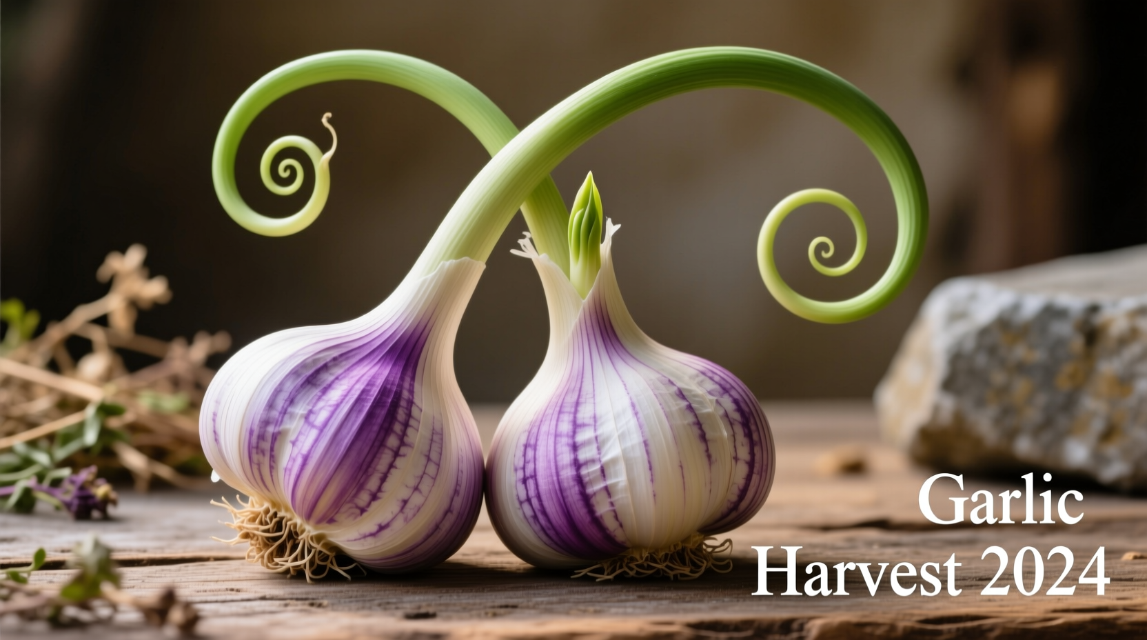 Hardneck garlic bulbs with purple streaks and scapes