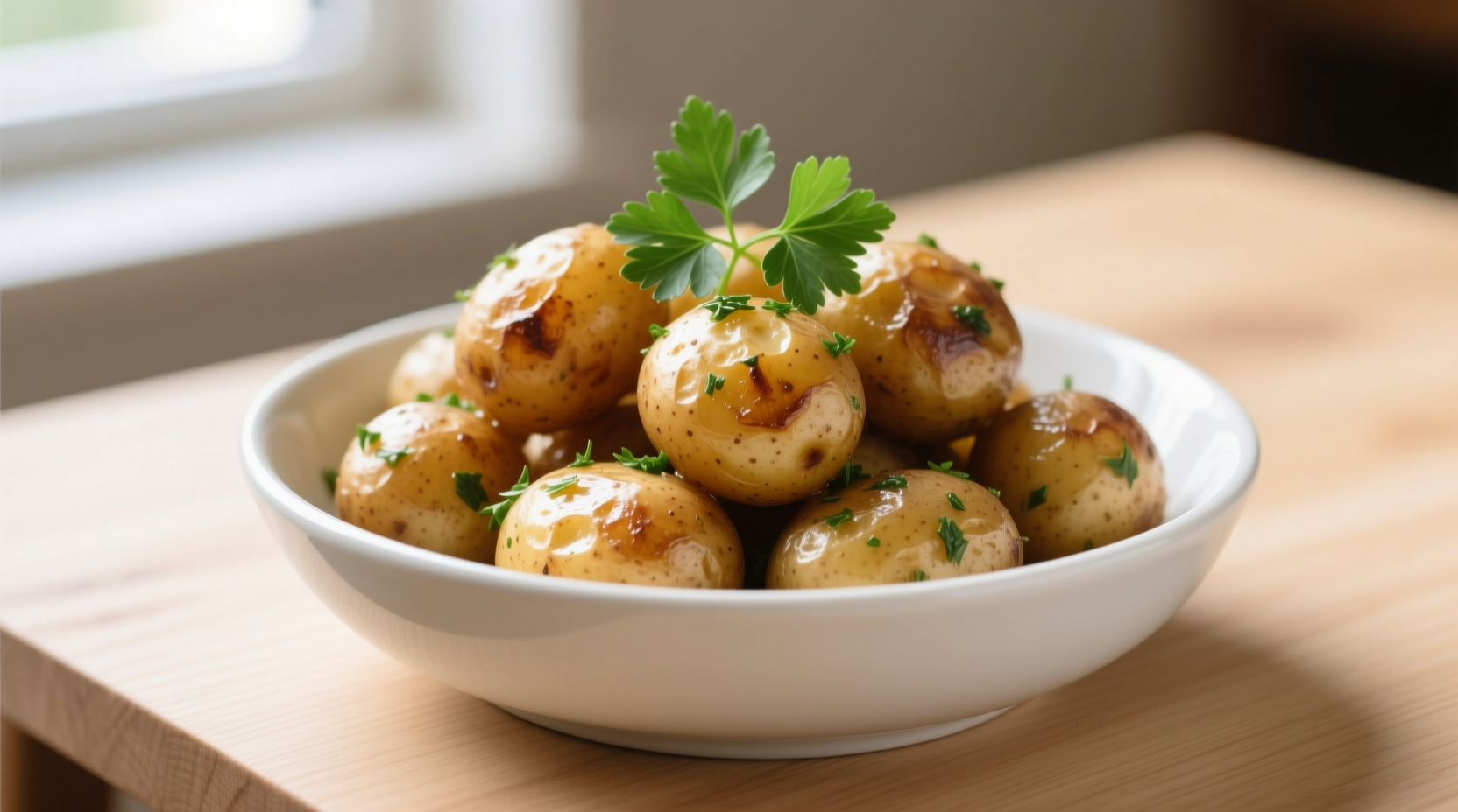 Golden brown parsleyed potatoes in white ceramic bowl