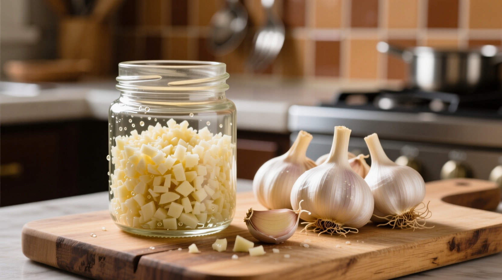 minced garlic in jar next to fresh garlic cloves