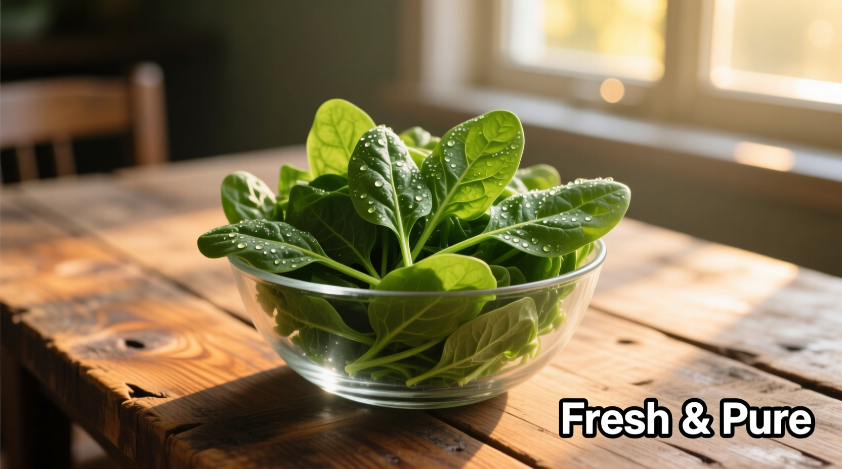 Fresh spinach leaves in a glass bowl on wooden table