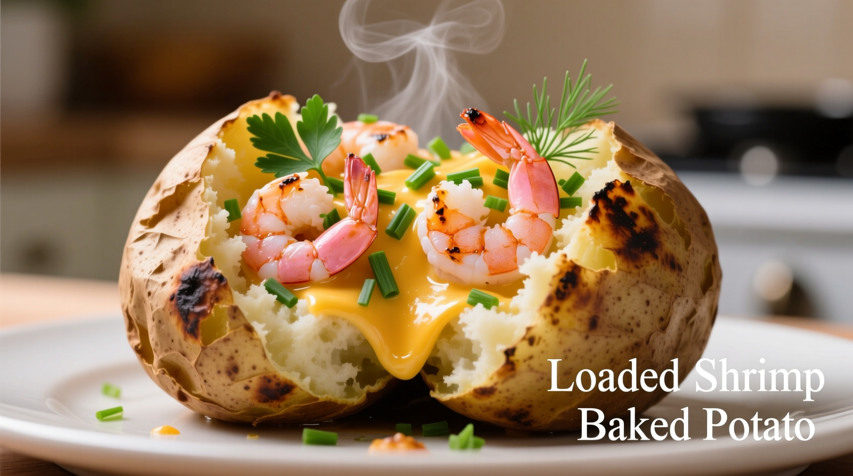 Loaded shrimp baked potato with melted cheese and fresh herbs