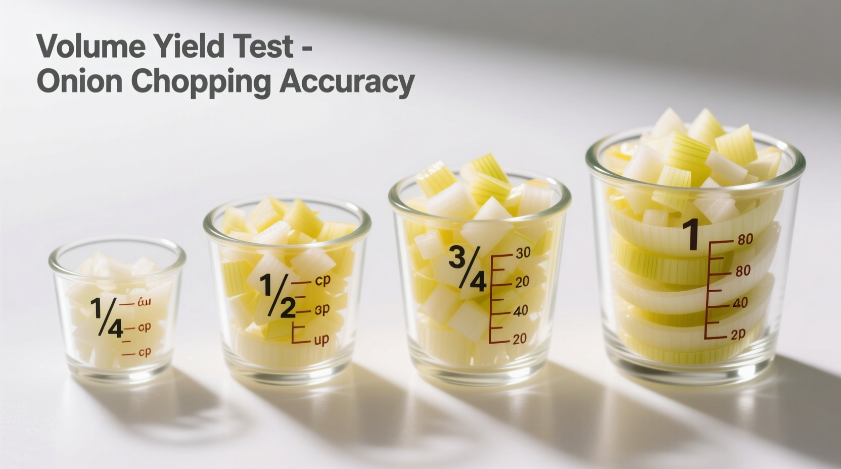 Chopped yellow onions in measuring cups showing volume yields