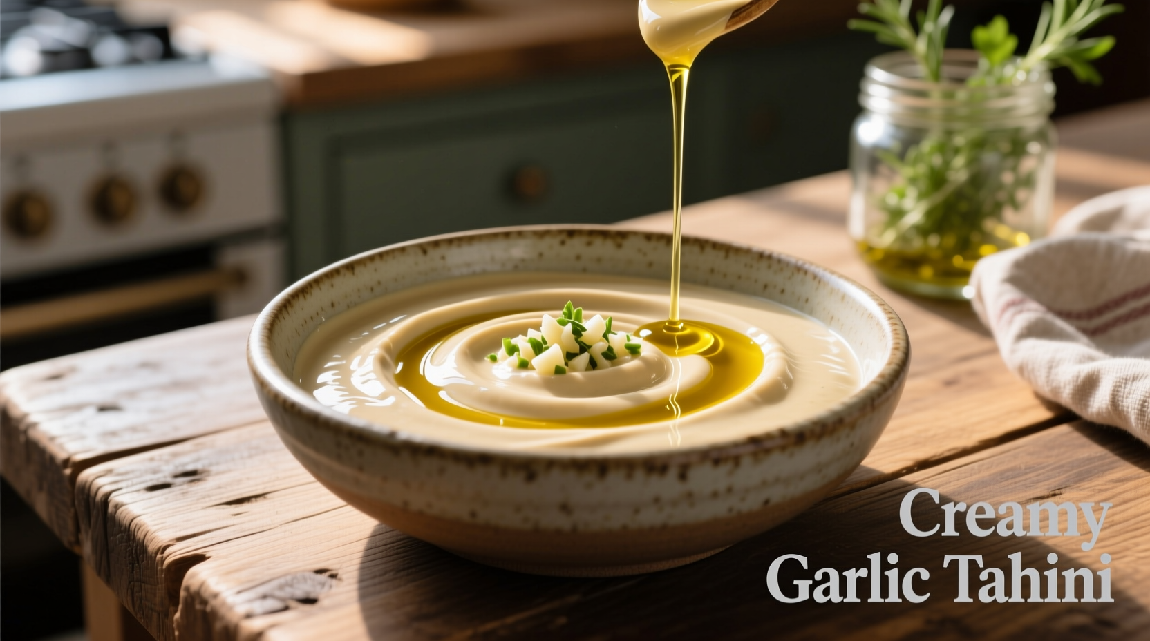 Creamy garlic tahini sauce in bowl with drizzle