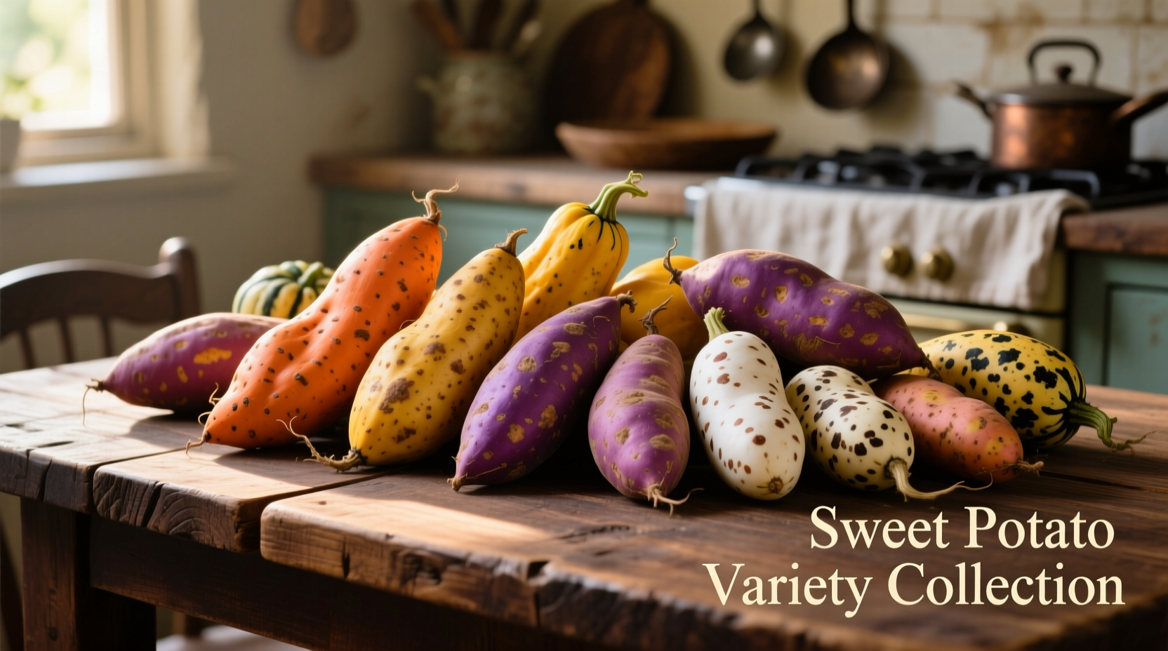Colorful display of different sweet potato varieties on wooden table