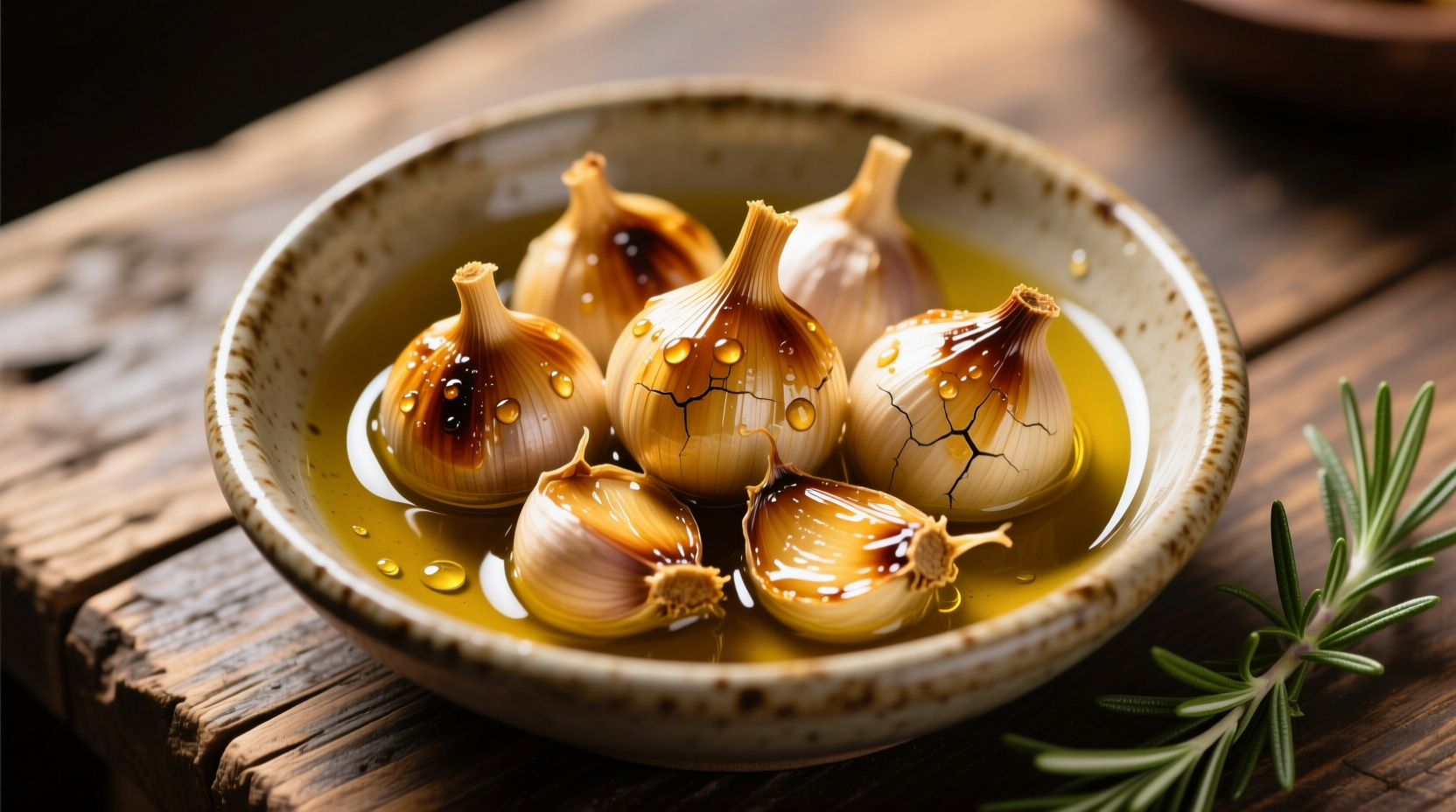 Golden roasted garlic cloves in olive oil