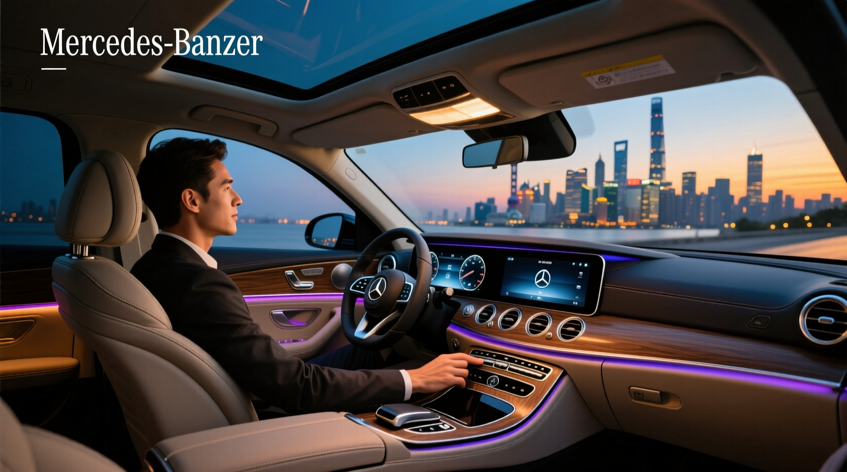 Mercedes Benz ambient lighting showing illuminated door panels and dashboard trim