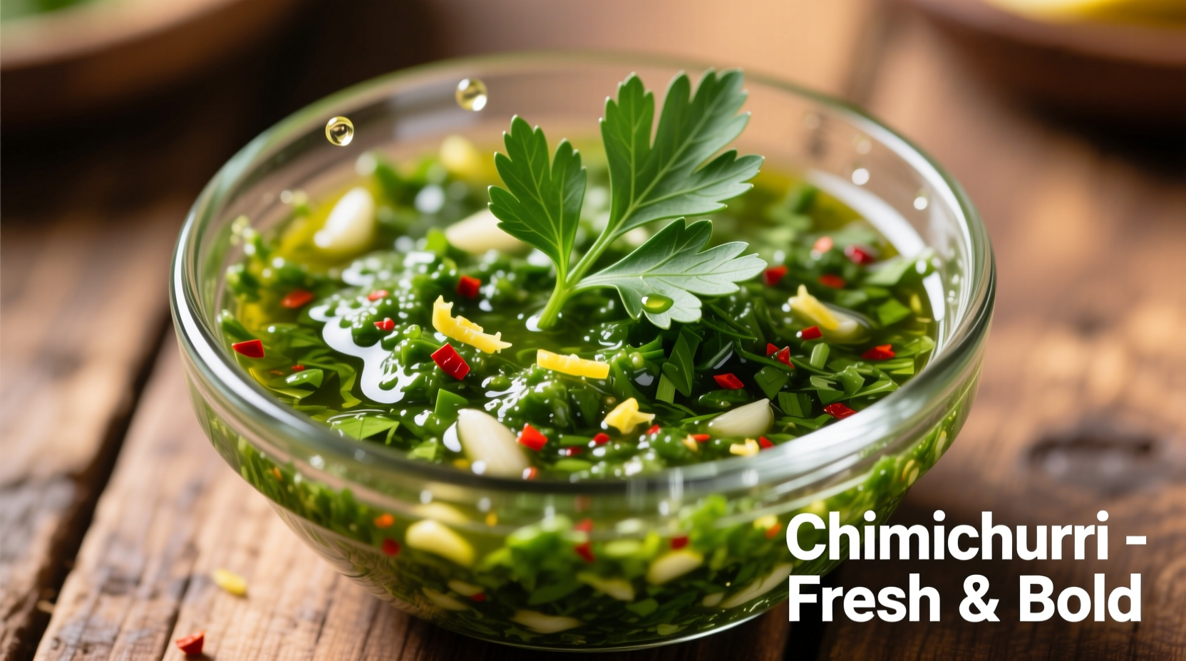 Fresh parsley chimichurri in glass bowl with herbs