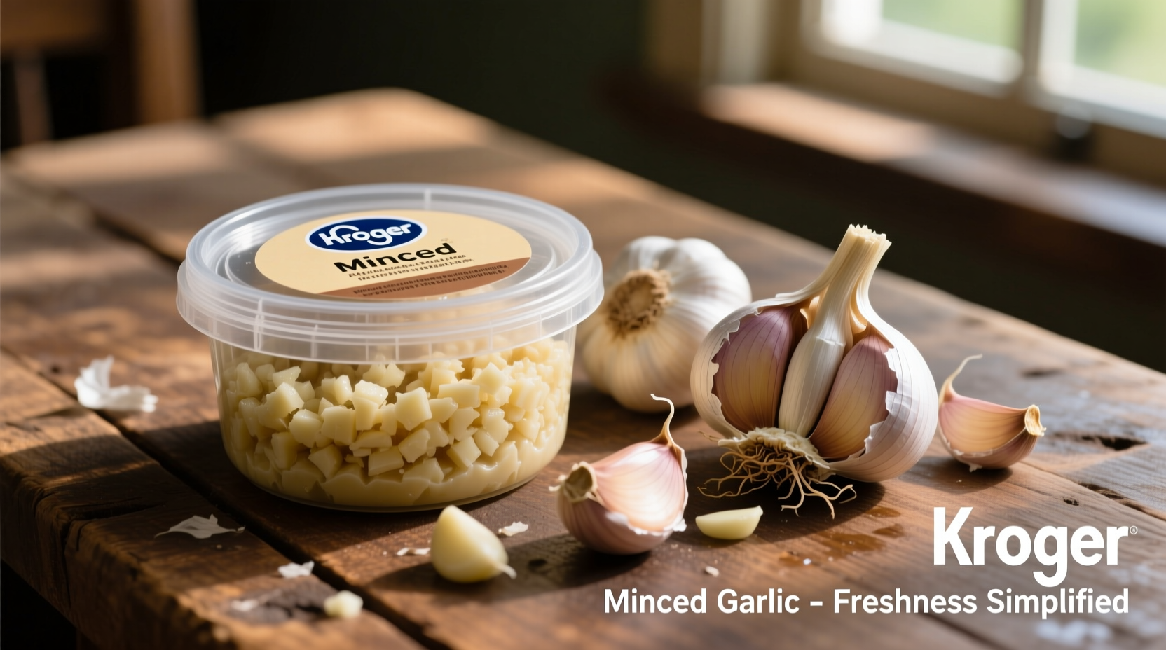 Kroger minced garlic container next to fresh garlic cloves