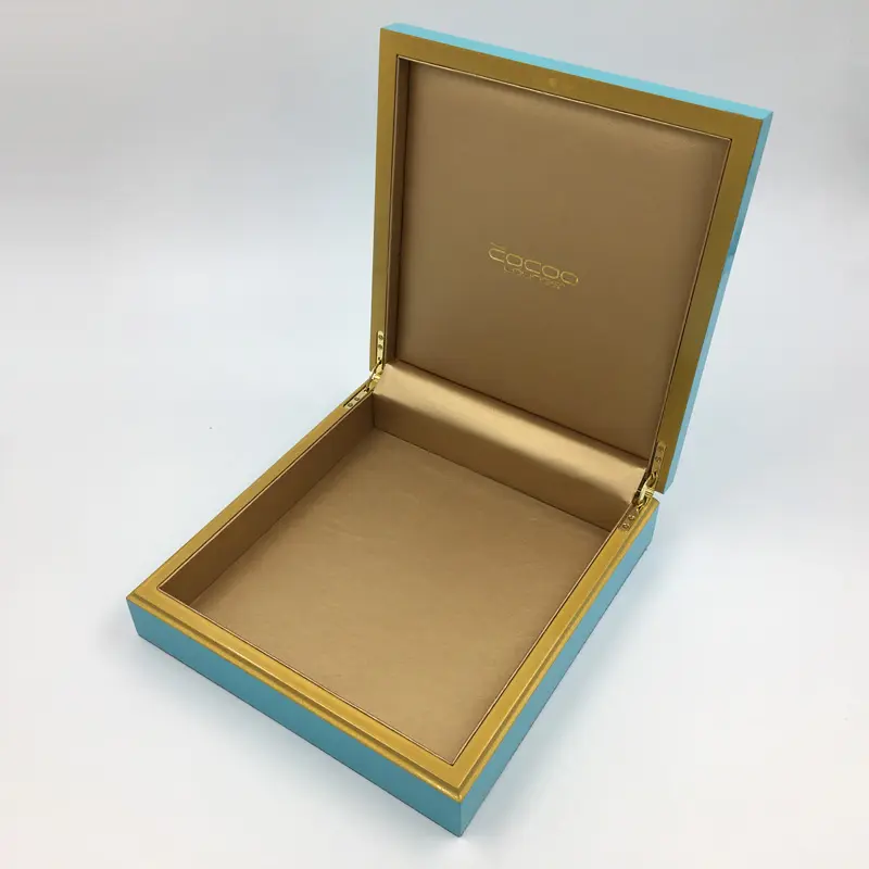 Large Blue Gold Leather Insert Wooden Jewelry Box Case Necklace Gift Storage Boxes