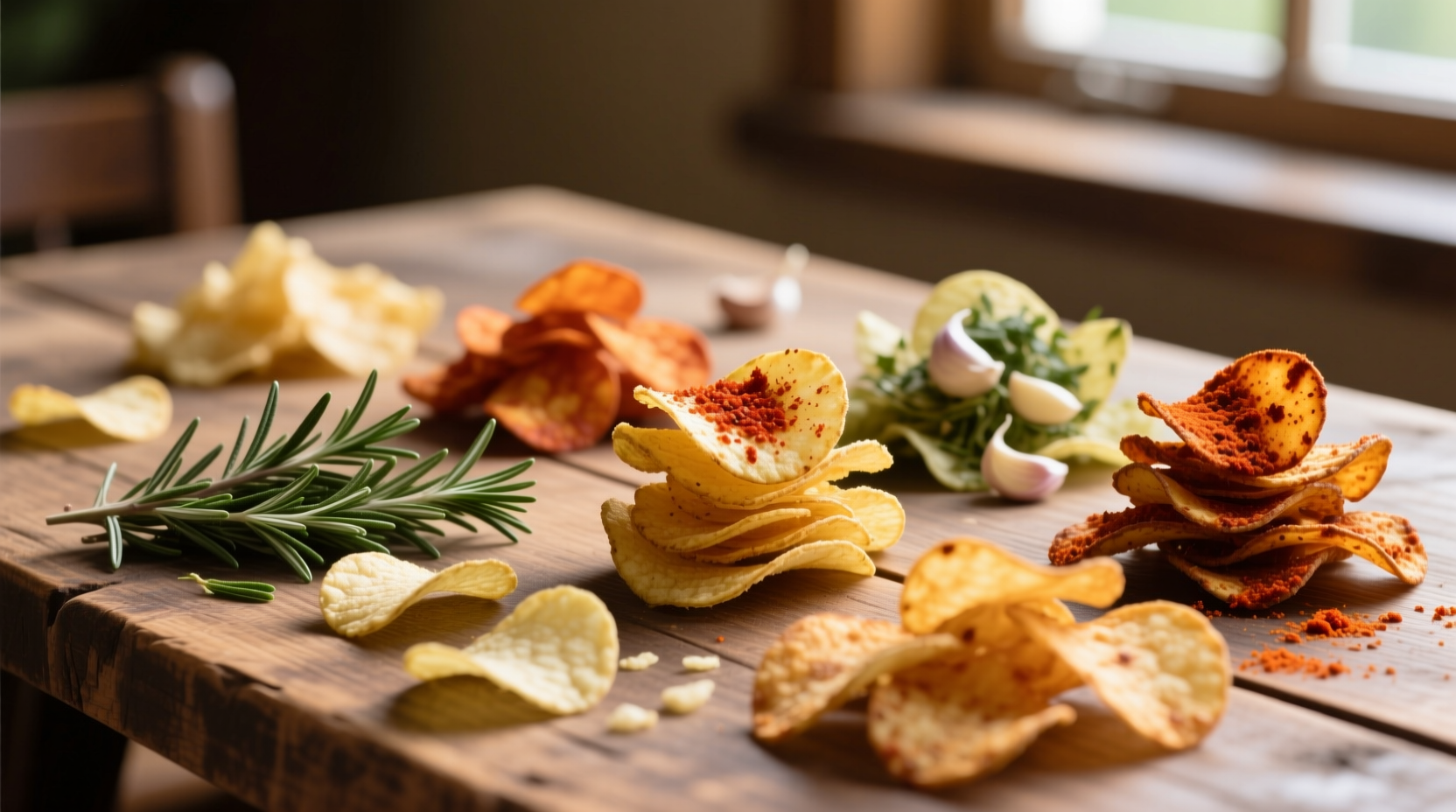 Assorted vegan potato chips varieties on wooden table
