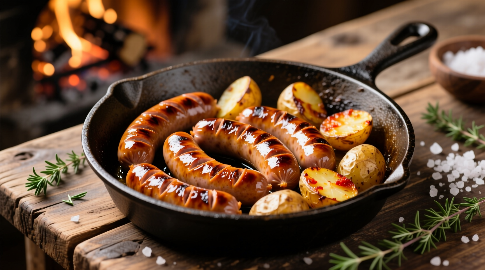 Golden brown kielbasa and potatoes in cast iron skillet