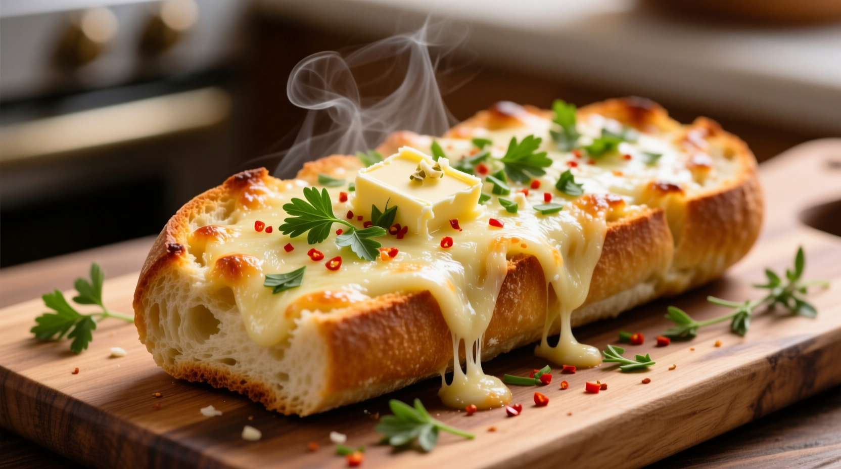 Texas garlic bread with melted cheese and herbs