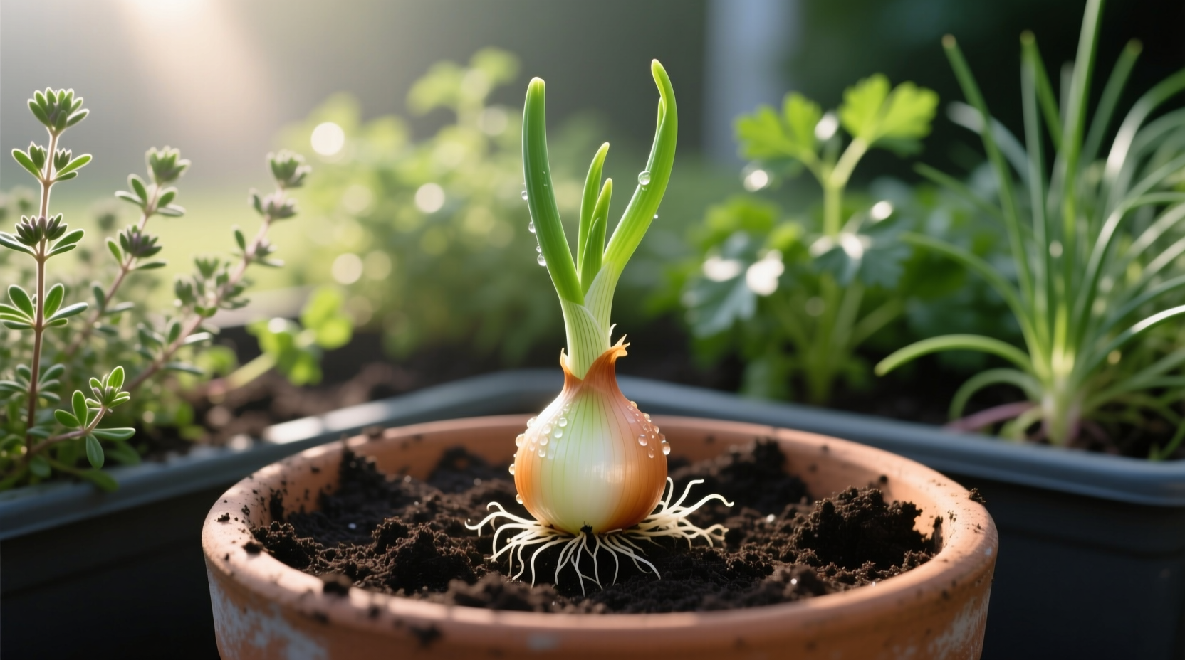 Sprouted onion growing in container garden