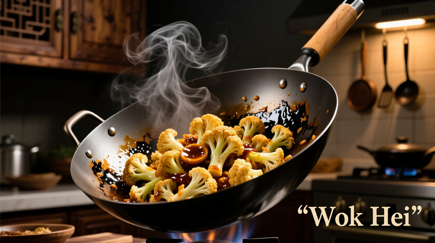 Cauliflower florets in traditional Chinese wok