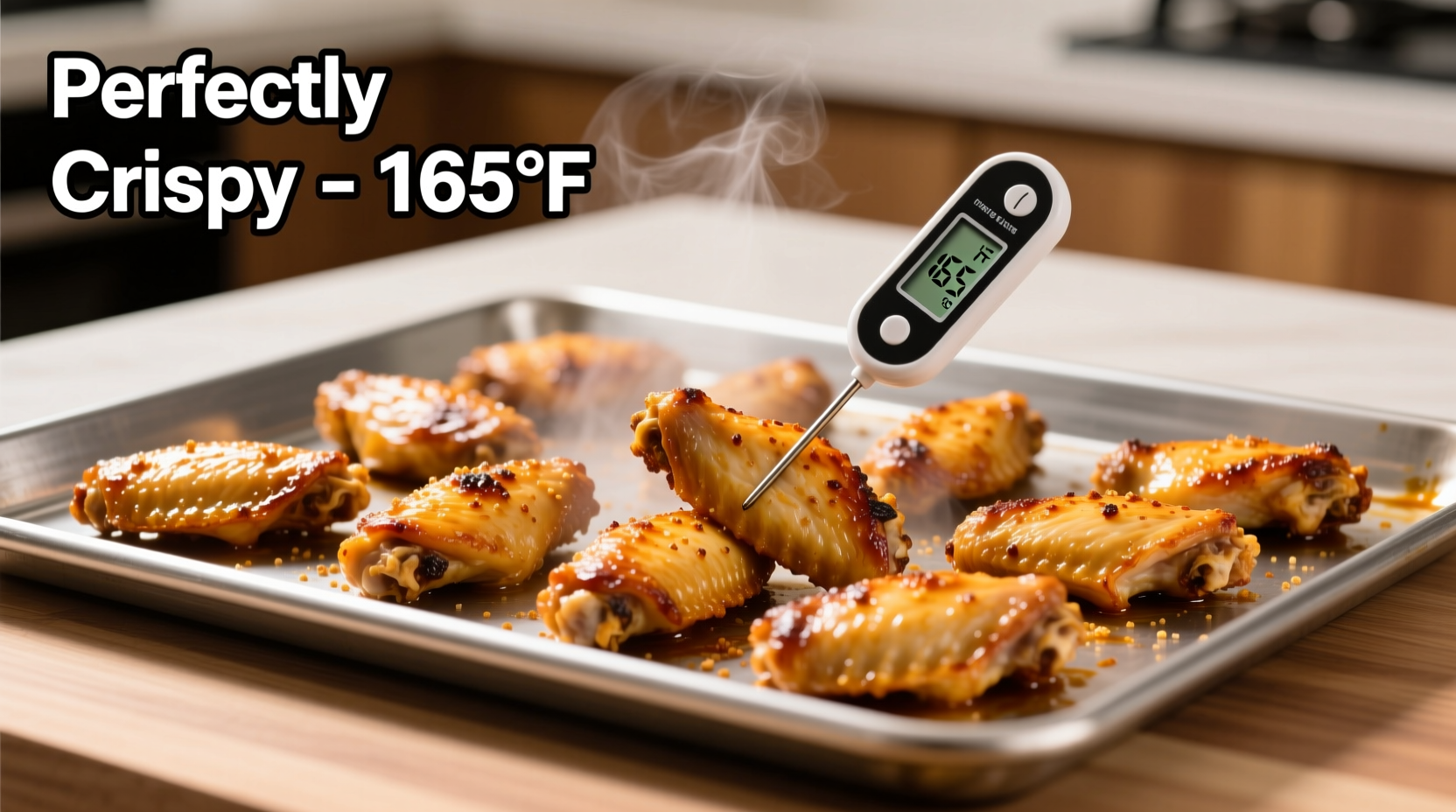 Crispy golden chicken wings on baking sheet with thermometer