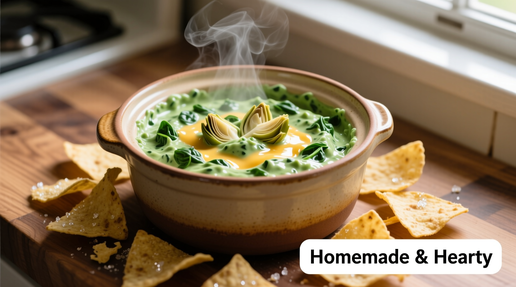 creamy spinach artichoke dip in crock pot with tortilla chips