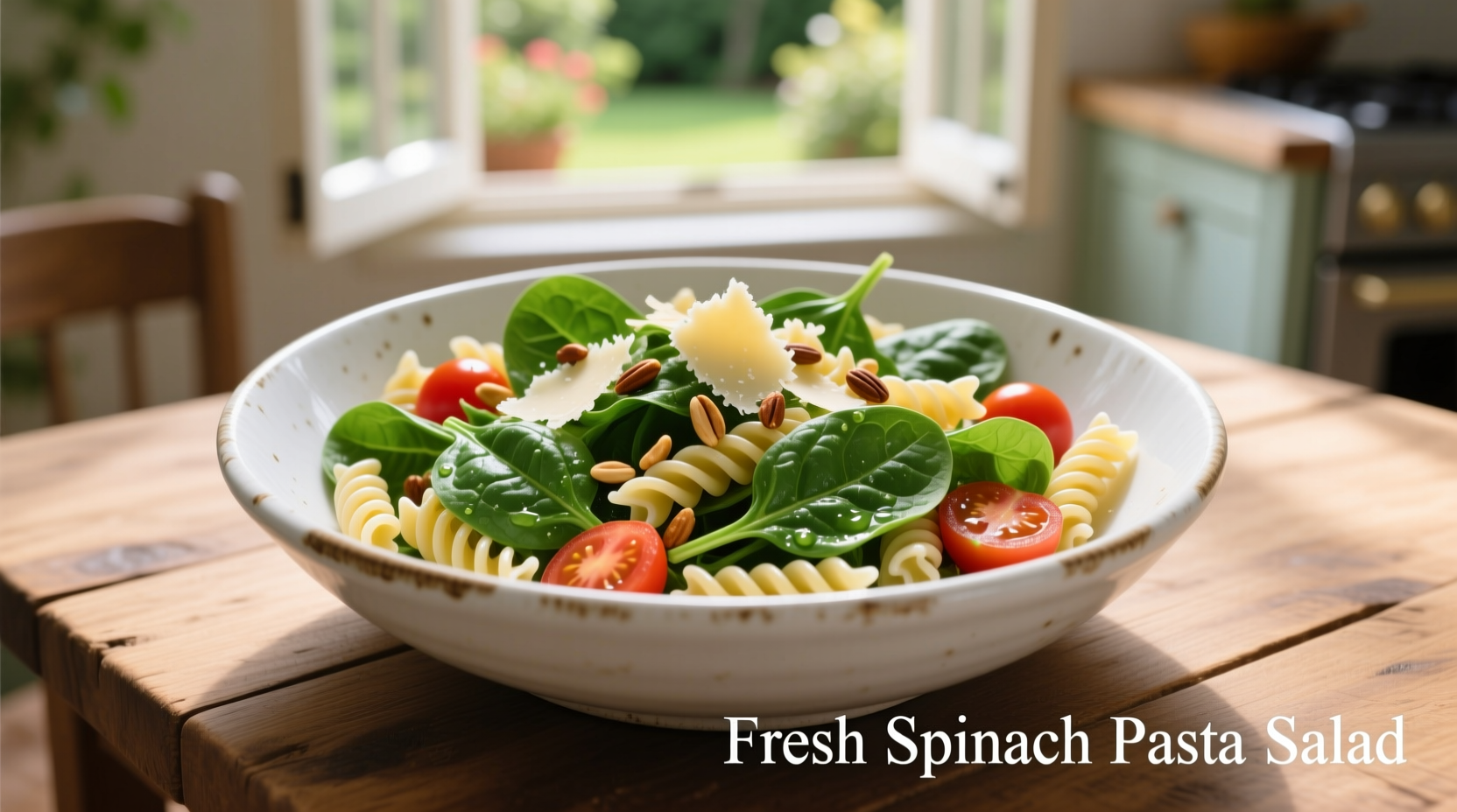 Fresh spinach pasta salad in white ceramic bowl