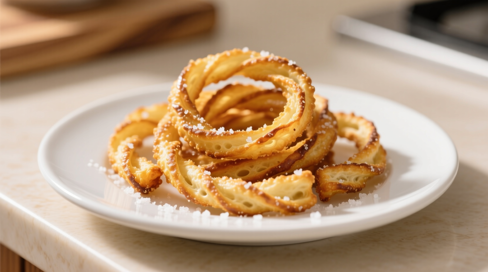 Golden crispy homemade onion straws on white plate