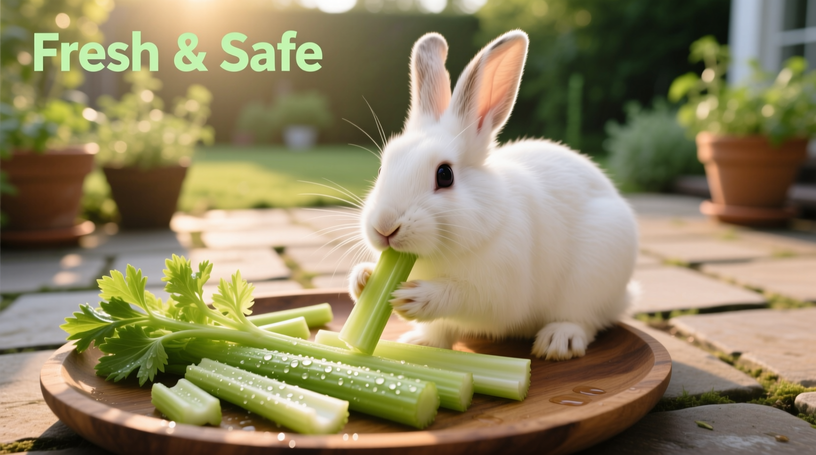 Rabbit safely eating prepared celery pieces