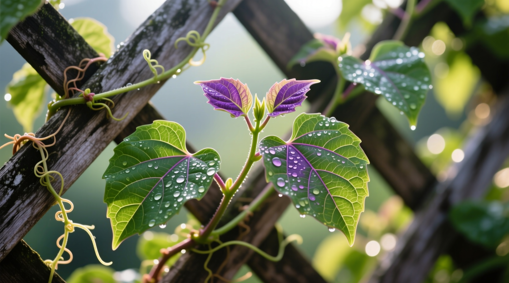 Malabar spinach vine growing on trellis with close-up leaves