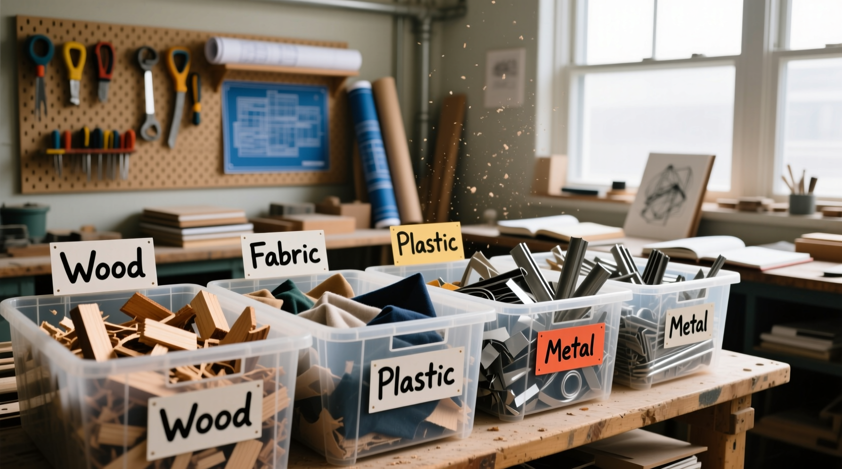 Craft scraps in labeled bins for practice projects