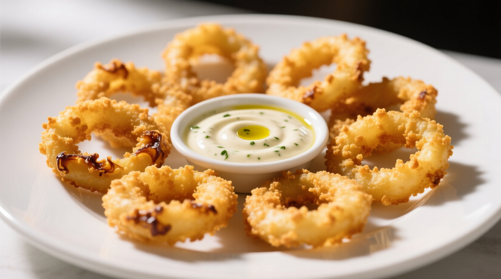 Golden battered onion rings on white plate with dipping sauce