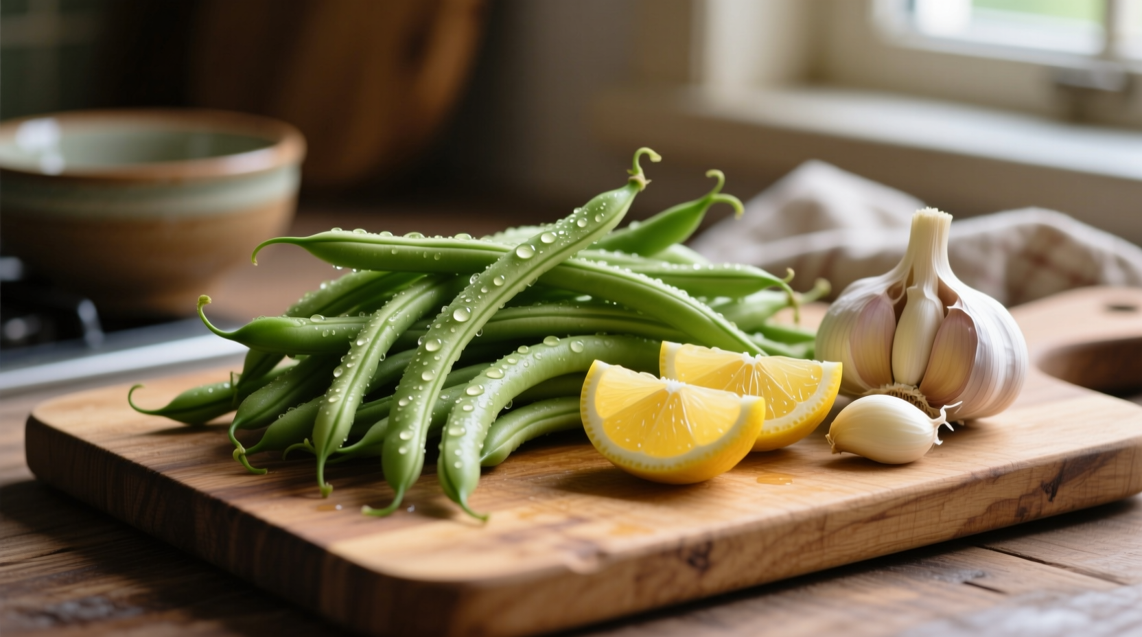 Crisp green beans with lemon slices and garlic cloves