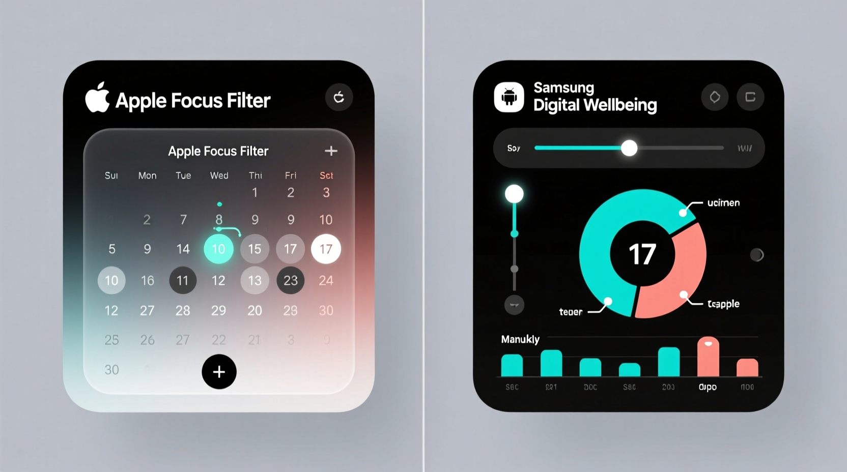 Side-by-side visual showing Apple Focus Filter activation panel with calendar-integrated timing and Samsung Digital Wellbeing dashboard highlighting manual timer sliders and weekly usage pie chart