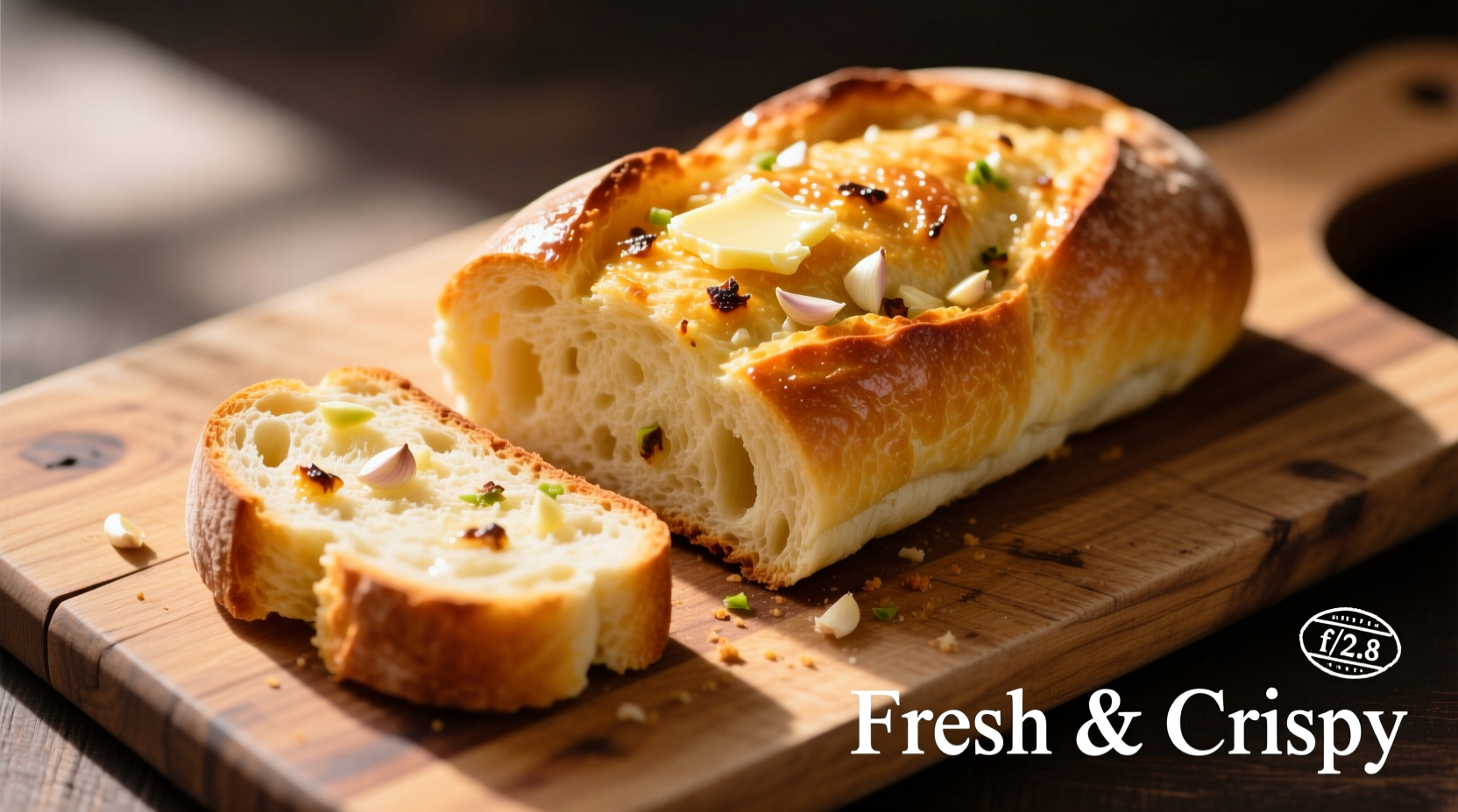 Freshly baked golden garlic bread on wooden cutting board