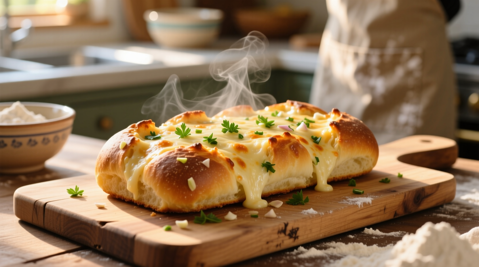 Freshly baked garlic cheese bread on wooden cutting board