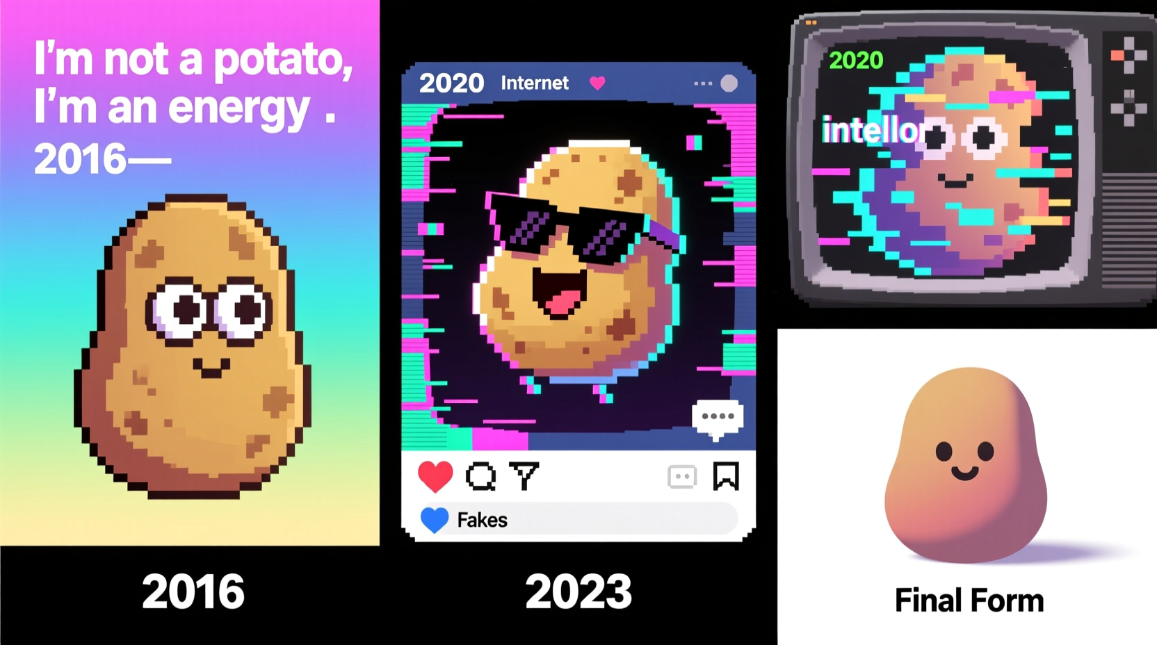 Vintage potato meme examples showing evolution from 2016 to 2023