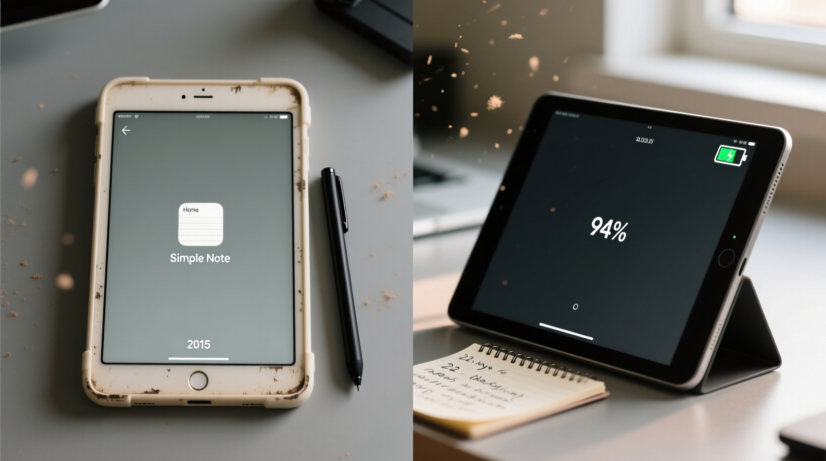 Side-by-side comparison: a clean, minimalist tablet screen showing a hand-drawn agenda with bullet points, timestamped speaker icons, and a small sketch of a flowchart—all in black ink on white background, with no status bar, no notifications, no browser tabs visible