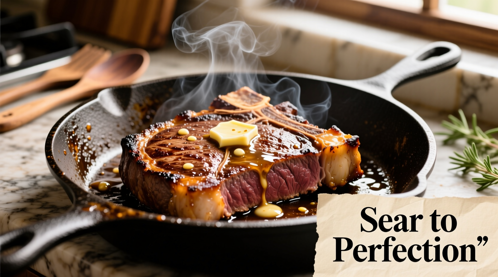 Perfectly seared steak with garlic butter basting in cast-iron skillet