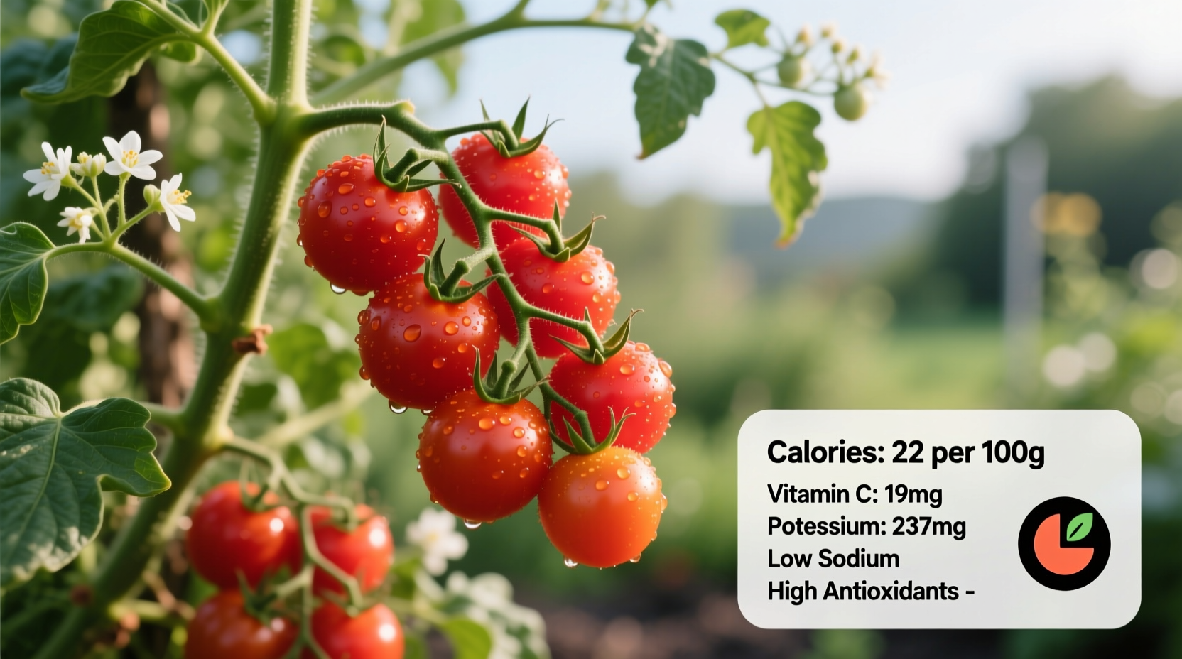 Fresh cherry tomatoes on vine with nutritional facts