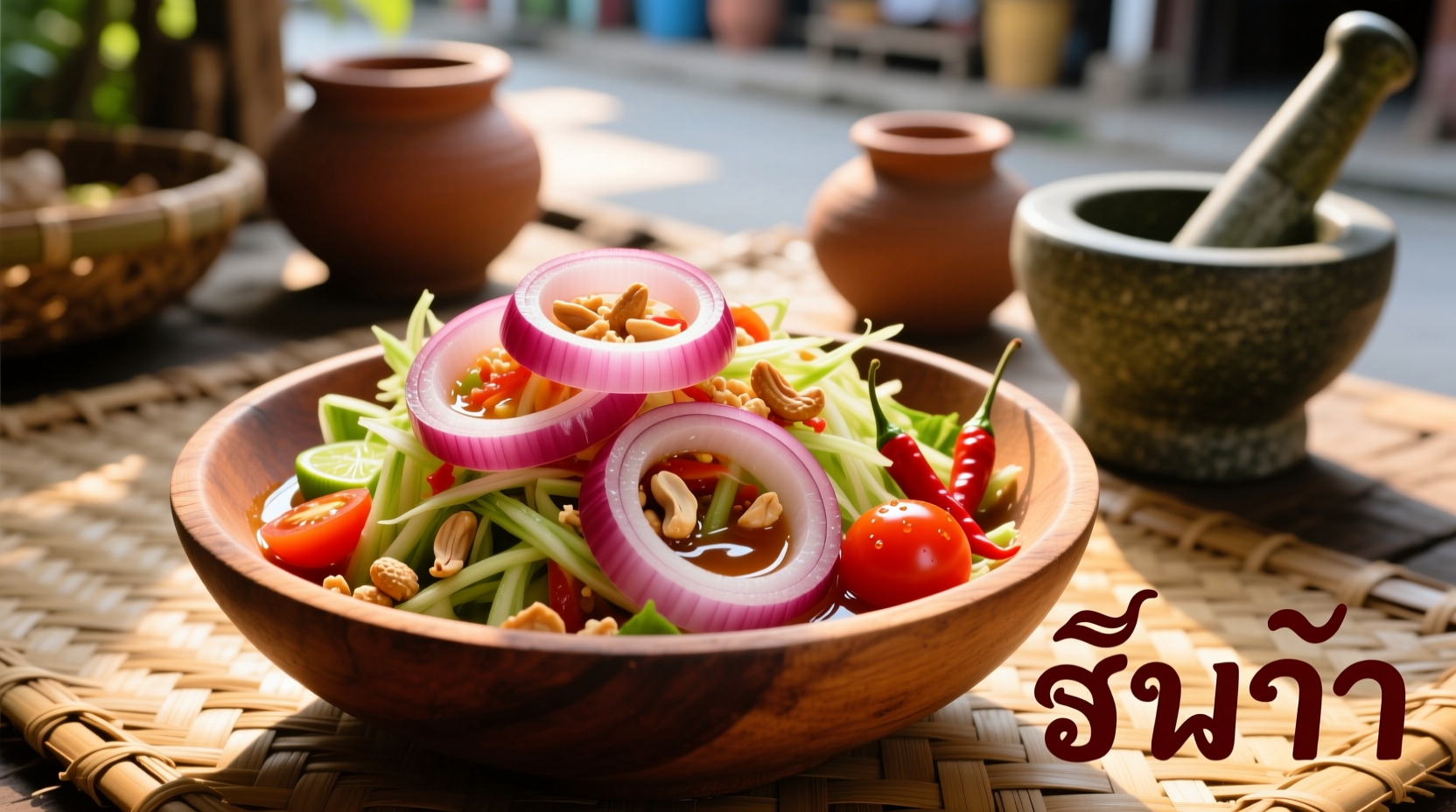 Red onions sliced for Thai papaya salad
