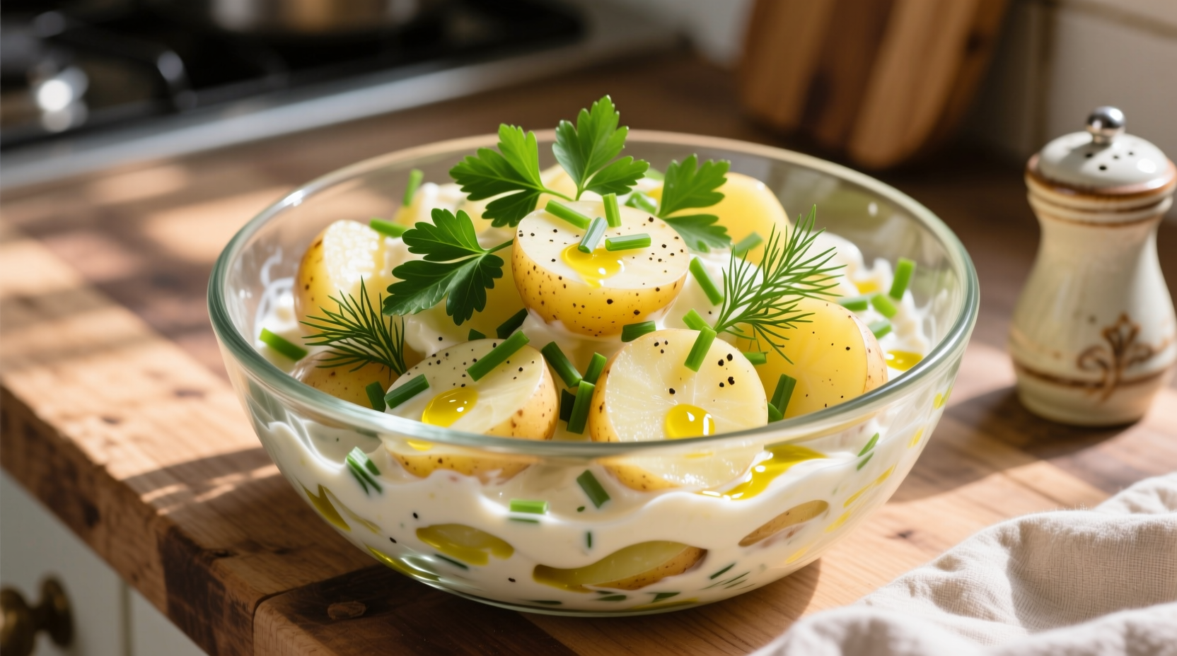 Creamy potato salad in glass bowl with fresh herbs