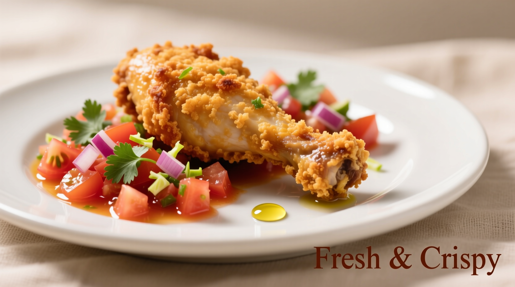 Crispy chicken with fresh tomato salsa on white plate