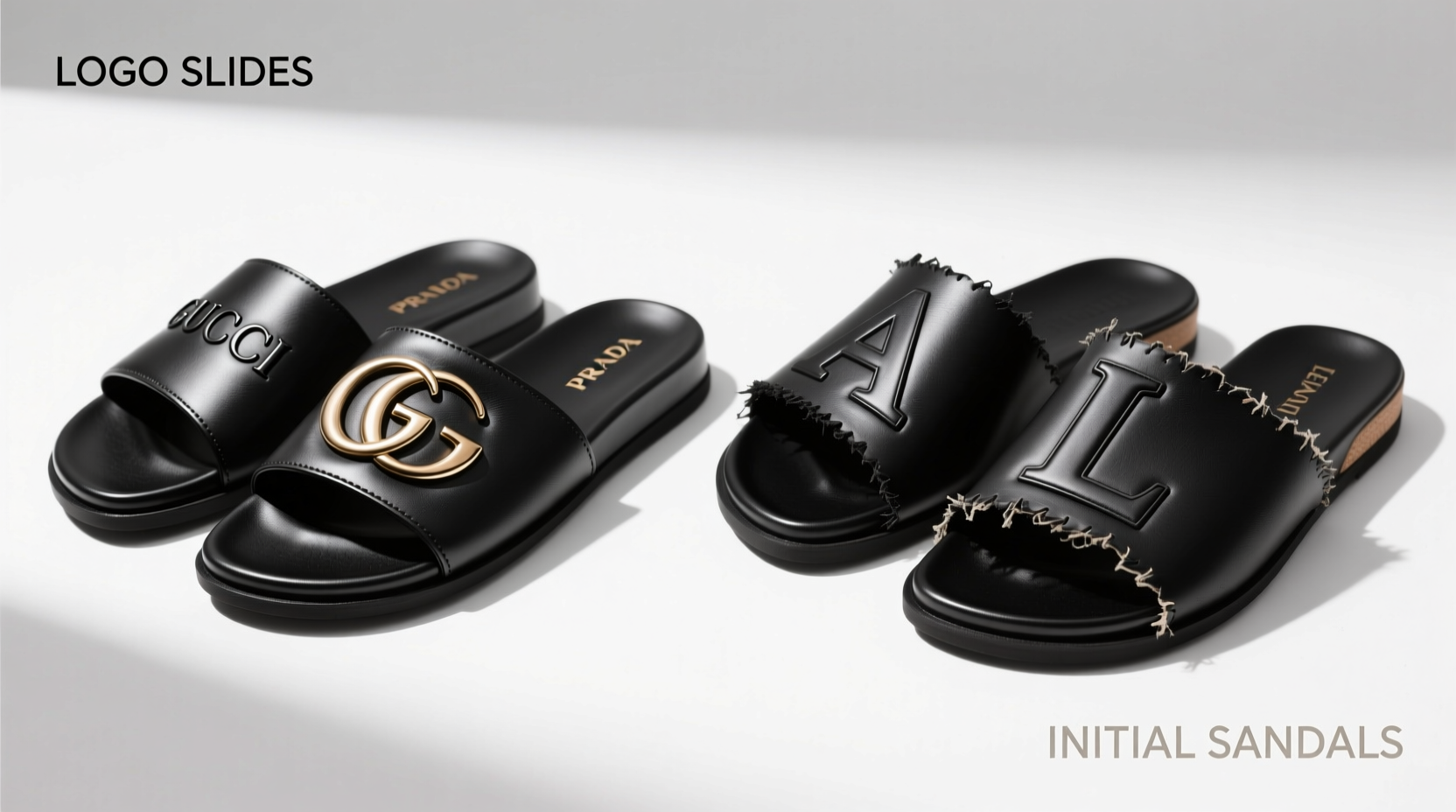 logo vs letter sandals are branded slides still in style or are initial sandals the new wave
