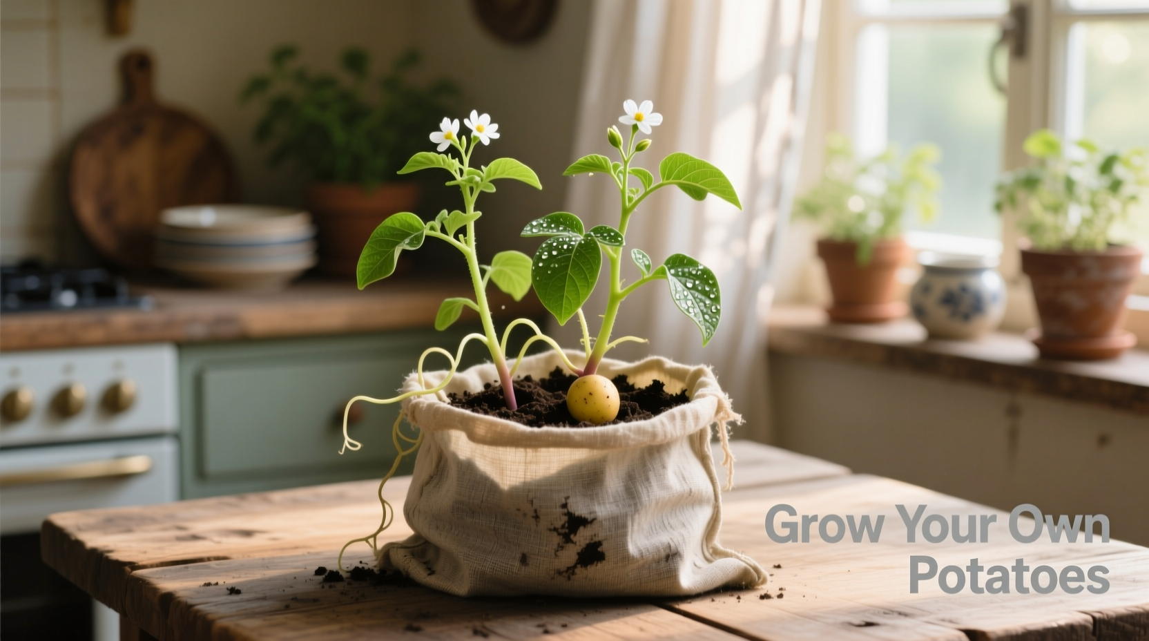 Potato plant growing in fabric container with green shoots