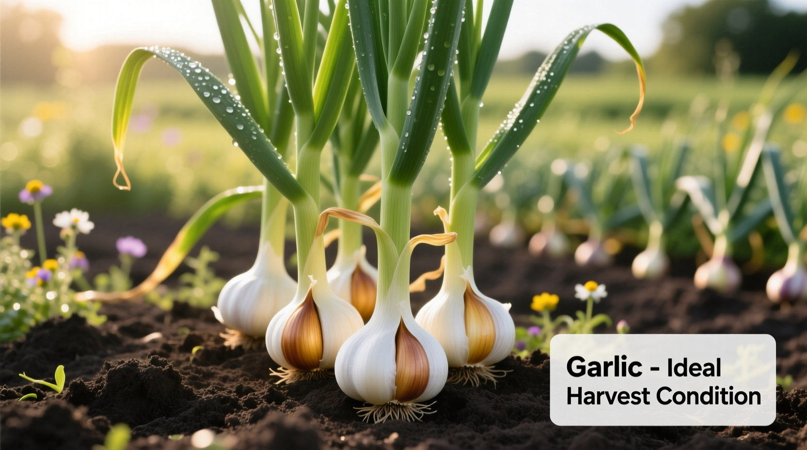 Garlic plant showing ideal harvest condition