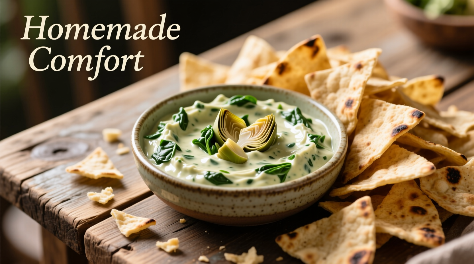 Creamy artichoke spinach dip served with pita chips