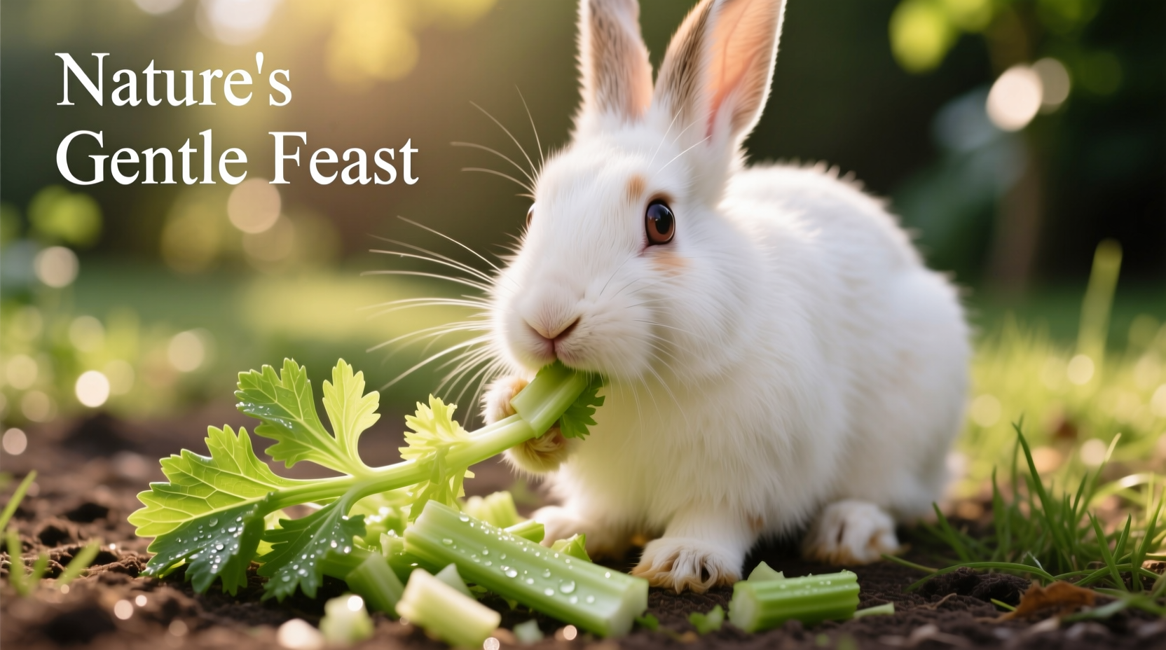 Rabbit safely eating chopped celery leaves