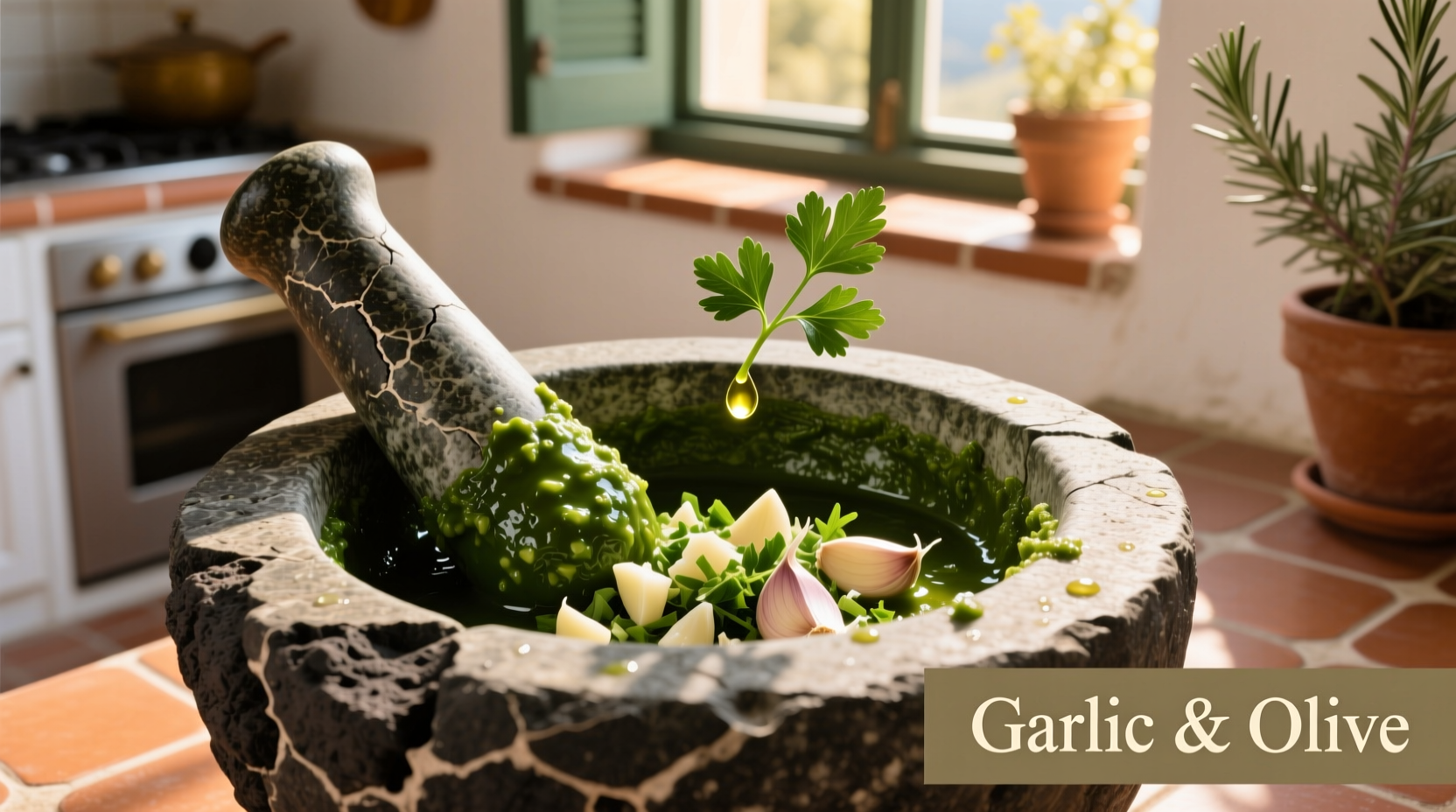 Mediterranean garlic sauce in stone mortar